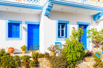 Typical white and blue color Greek house in Olympos mountain village on Karpathos island, Greece