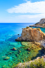 Bay with rocks on sea coast of Karpathos island near Ammopi village, Greece