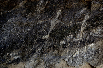 Ancient petroglyphs of Gobustan National Park,rock paintings depicting man,woman and head of bull,Azerbaijan,Caucasus