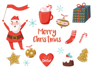 Merry christmas collection in modern style. Greeting stylish illustration with santa, gift box, gingerbread, baubles, socks, pudding, stick, lettering. - 232172124