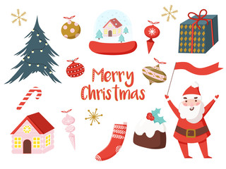 Merry christmas collection in modern style. Greeting stylish illustration with santa, gift box, gingerbread, baubles, socks, pudding, stick, lettering. - 232172127