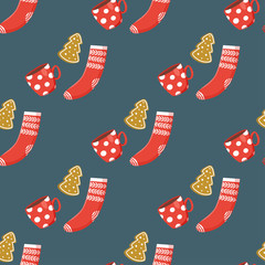 Christmas seamless pattern with cup, christmas socks, gingerbread. Scandinavian style. Vector illustration. - 232172156