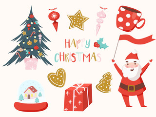 Merry christmas collection in modern style. Greeting stylish illustration with santa, gift box, gingerbread, baubles, socks, pudding, stick, lettering.