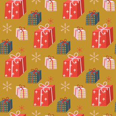 Christmas seamless pattern with different gift boxes, snowflakes. Scandinavian style. Vector illustration. - 232172173