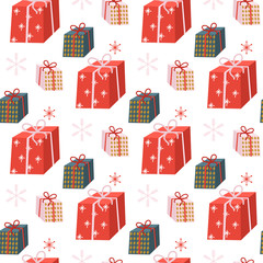 Christmas seamless pattern with different gift boxes, snowflakes. Scandinavian style. Vector illustration. - 232172174