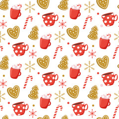 Christmas seamless pattern with cup, christmas stick, gingerbread, snowflakes. Scandinavian style. Vector illustration. - 232172177