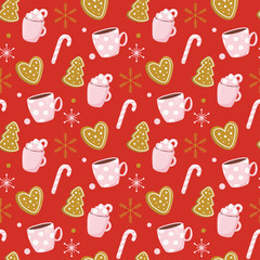 Christmas seamless pattern with cup, christmas stick, gingerbread, snowflakes. Scandinavian style. Vector illustration. - 232172178