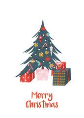 Creative Christmas card with Christmas tree and gift boxes. Vector illustration. Template for Greeting Cards, Scrapbooking, Invitations.  Scandinavian style. - 232172180