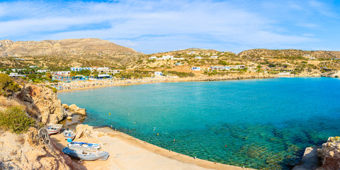 Panoramic view of beautiful beach in Ammopi village on Karpathos island, Greece