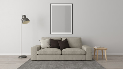 Living room corner with gray wall, sofa, carpet, floor lamp, wood floor, one vertical frame