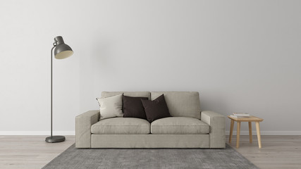 Living room corner with gray wall, sofa, carpet, floor lamp, wood floor