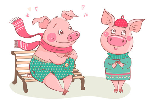 Couple of cute cartoon pigs fallen in love