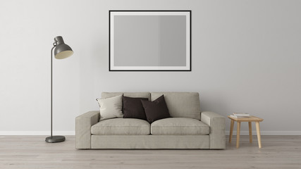 Living room corner with gray wall, sofa, floor lamp, wood floor, one horizontal frame	