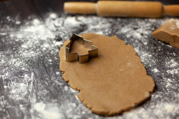 Rolled out raw dough for holiday cookies with a baking dish