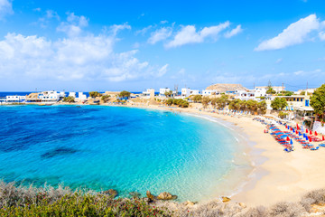Beautiful beach with amazing sea colors in Lefkos village on coast of Karpathos island, Greece