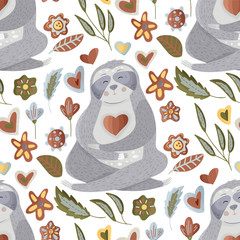 Seamless pattern with sloths in flat style.