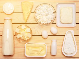 Dairy products collection on wooden table