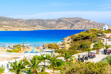 Amazing bay with beach in Ammopi village on sea coast of Karpathos island, Greece