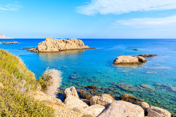 Fototapeta na wymiar Beautiful sea colors in Ammopi village on coast of Karpathos island, Greece