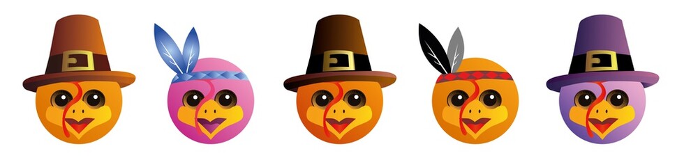 A set of graphic emoticons - turkey. Emoji collection. Smile icons. Thanksgiving Day. Vector illustration on white background.