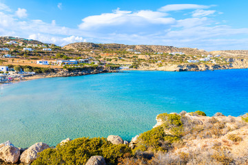 Fototapeta na wymiar Amazing bay with beach in Ammopi village on sea coast of Karpathos island, Greece