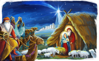 traditional christmas scene with holy family and three kings for different usage - illustration for children