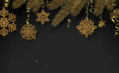 Christmas and New Year shiny poster with golden snowflakes and fir branches.
