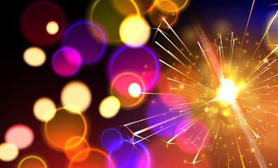 Festive, Christmas or New Year bokeh poster with sparkling bengal light.
