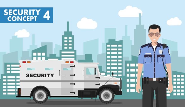 Security concept. Detailed illustration of armored car and security guard on background with cityscape in flat style. Vector illustration.