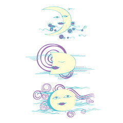 Growing moon. Anthropomorphic moon among the curls of clouds.