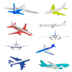 Flying airplanes, jet planes, airliners of different models, a detailed overview from different angles.