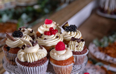 cupcakes with fruits at sweet table buffet