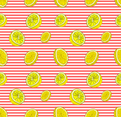 Vector Seamless Pattern with Lemons, Colorful Background Template, Striped Backdrop and Lemon Slices.