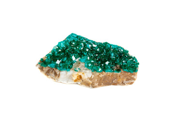 Macro mineral stone Dioptase silicate copper on a white background