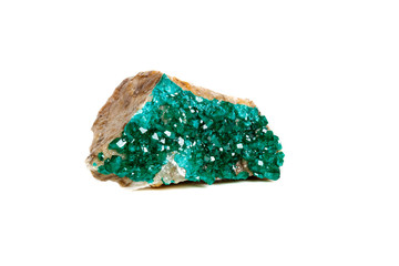 Macro mineral stone Dioptase silicate copper on a white background