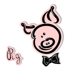 smiling cartoon piggy painted with brush, with lettering pig