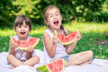 two little cute girls eating watermelon outdoors