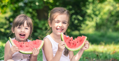 two little cute girls eating watermelon outdoors