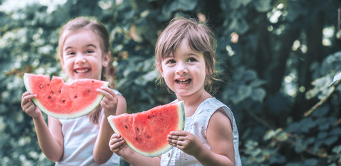 two little cute girls eating watermelon outdoors