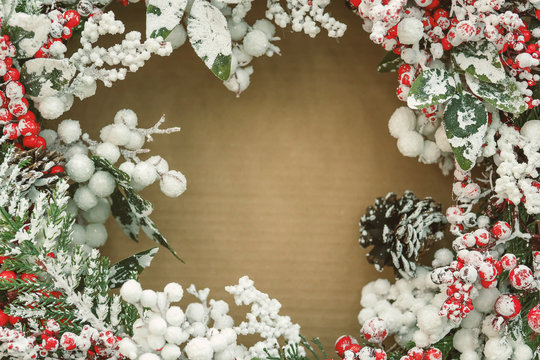 Christmas decorations, wreaths and balls, new year holiday