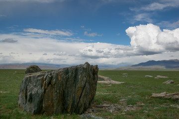 Large single stones on the plain. Russia, Republic of Altai Chuya. Desert land