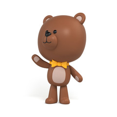3d render, cute little chocolate teddy bear, cartoon character design, weaving hand, toy clip art isolated on white, digital illustration
