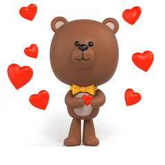 3d render, cute little chocolate teddy bear, cartoon character design, hearts, toy clip art isolated on white, digital illustration, Valentine day clip art