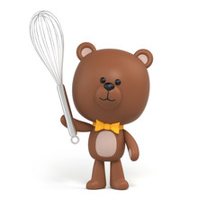 3d render, cute little chocolate teddy bear, cartoon character design, holding beater, toy clip art isolated on white background, digital illustration