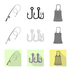 Vector illustration of fish and fishing icon. Set of fish and equipment stock vector illustration.