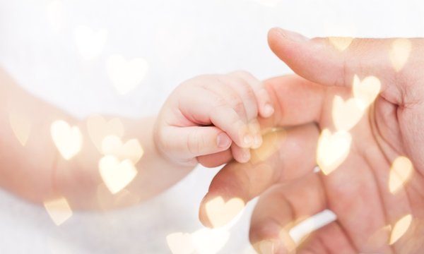 New born baby hand holding kuman hand on white background