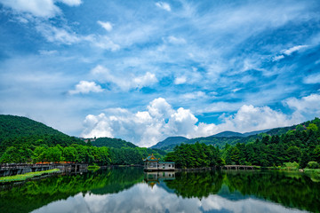 Blue sky over Lake Lulin. Lushan, China.