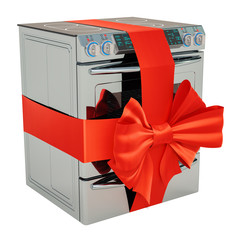 Electric Slide-In Convection Range. Kitchen Stove with red ribbon and bow, gift concept. 3D rendering