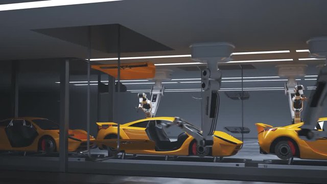 Modern, automated supercar assembly line. Robotic arms manufacturing vehicles.4K