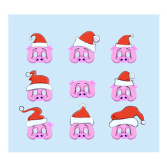 A set of props for a photo shoot for Christmas and New Year, 9 items, mask in the form of a pig's head with a Christmas hat. Vector illustration